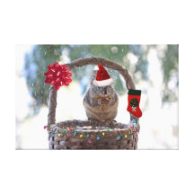 Christmas Squirrel in Snowy Basket Stretched Canvas Prints
