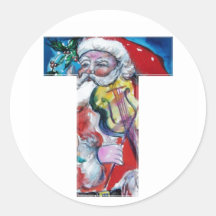 CHRISTMAS T LETTER  / SANTA WITH VIOLIN MONOGRAM ROUND STICKERS