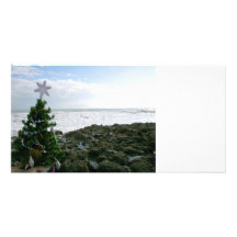 Christmas Tree Against Beach Rocks Photo Card Template