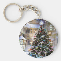 Christmas tree on street keychain
