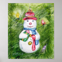 Christmas Tree Snowman Art Print