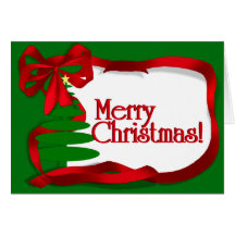 Christmas Tree with Red Ribbon Greeting Cards
