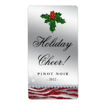 Christmas Wine Label Holly Glitter Zebra Red