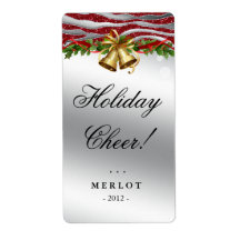 Christmas Wine Label Holly Gold Bells Zebra