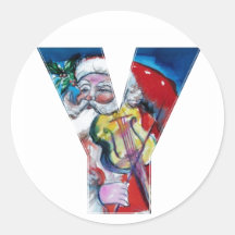 CHRISTMAS Y LETTER  / SANTA WITH VIOLIN MONOGRAM ROUND STICKERS