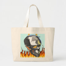 Chrome human skull design 1 with fire and web tote bags