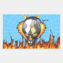 Chrome human skull design 2 with fire and web rectangle sticker