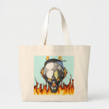 Chrome human skull design 3 with fire and web tote bags