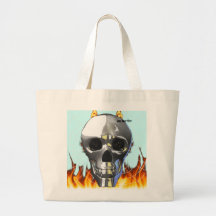 Chrome human skull design 4 with fire and web. tote bags