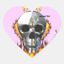 Chrome human skull design 4 with fire and web. heart stickers