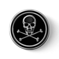 CHROME SKULL AND CROSSBONES PINBACK BUTTONS