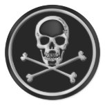 CHROME SKULL AND CROSSBONES ROUND STICKER