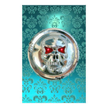 CHROME SKULL DAMASK Blue Turquase Aquamarine Custom Stationery