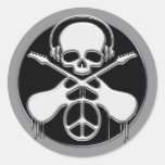 CHROME SKULL, GUITAR AND PEACE SIGN ROUND STICKER
