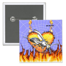 Chrome yellow jacket design 1 with fire and web. pinback buttons
