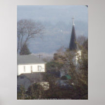 Church steeple on a hazy blue day print