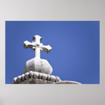 Church Stone Cross Against Crisp Blue Sky Posters