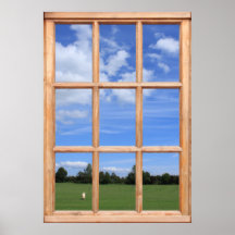 Ciel bleu au-dessus de la vue de parc d'une fenêtr affiche