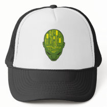 circuit board brain head yellow and green mesh hats