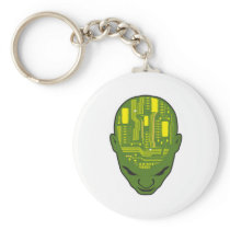 circuit board brain head yellow and green keychains