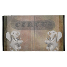 Circus design, text and elephants in corner iPad folio cases