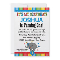Circus Elephant 1st Birthday Custom Invitations