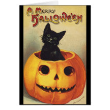 Citrouille mignon de sourire vintage de chat noir  carte de vœux
