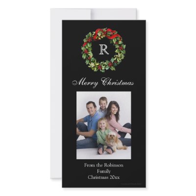 Classic Black Monogrammed Wreath Photo Cards by ChristmasCardShop