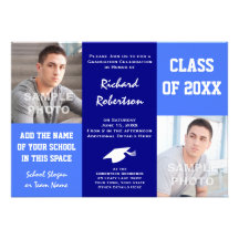 Classic Blue and White Graduation Photo Template Invites
