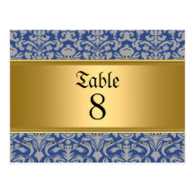 Classic Blue Damask Wedding table Numbers Blue Postcards