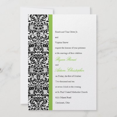 A blackandwhite damask wallpaper pattern with lime green accents highlight