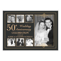 Classic Gold & Black Photo Wedding Anniversary Personalized Announcement