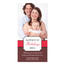 Classic portrait red stripe band Christmas photo Photo Greeting Card