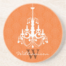 Classy Damask Chandelier Monogram Coaster (orange)