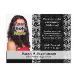 Classy Damask Graduation Announcement, Black White postcards