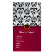 CLASSY DAMASK MONOGRAM red burgundy platinum Business Cards