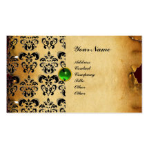 CLASSY DAMASK PARCHMENT MONOGRAM green emerald Business Card Templates