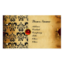 CLASSY DAMASK PARCHMENT MONOGRAM red black Business Card