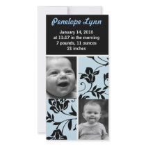 classy floral black and blue baby announcement photo cards