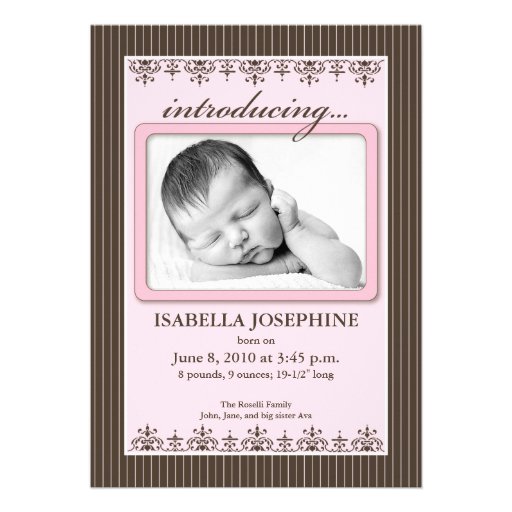 Classy Pinstripe Pink 5x7" Birth Announcement