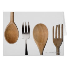 Close-up of a fork with a wooden spoon greeting card