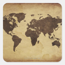 Close up of antique world map 3 square stickers