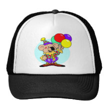 Clown bear holding balloons trucker hats
