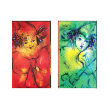 CLOWNS IN RED AND GREEN GALLERY WRAPPED CANVAS