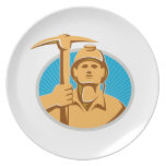 Coal Miner With Pick Ax Hardhat Front Retro Dinner Plates