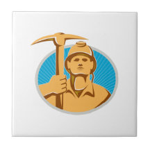Coal Miner With Pick Ax Hardhat Front Retro Ceramic Tiles