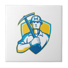 Coal Miner With Pick Ax Shield Retro Ceramic Tile