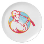 Coal Miner With Pick Axe Looking Up Retro Dinner Plate