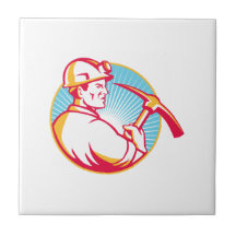 Coal Miner With Pick Axe Looking Up Retro Tile