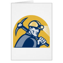Coal Miner With Pick Axe Retro Woodcut Greeting Cards